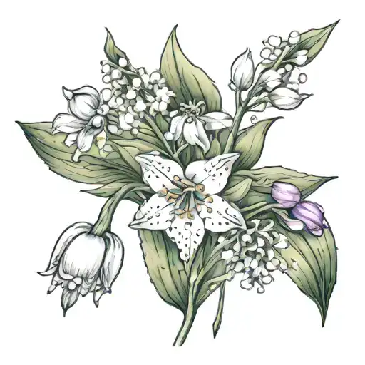 lily of the valley, primrose, aster and daffodil bud bursting tattoo design idea
