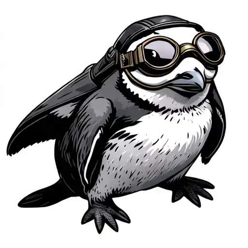 full body of penguin wearing aviator hat with goggles down tattoo design idea