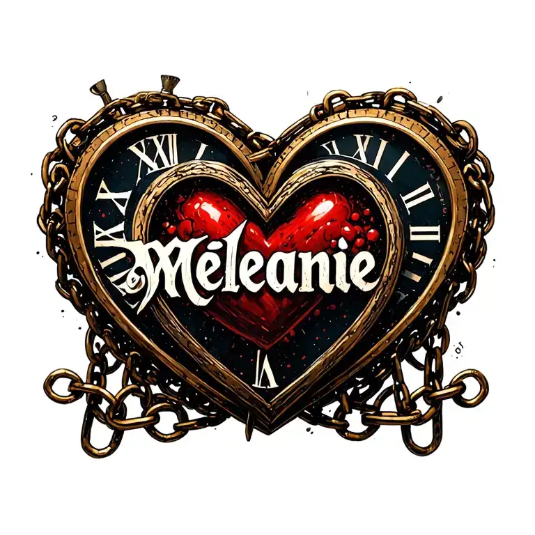 "Mélanie" clock heart chains tattoo design idea