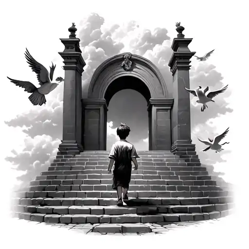 young boy walking up the brick stairs into gates of heaven with angels around him with clouds and doves flying around tattoo design idea