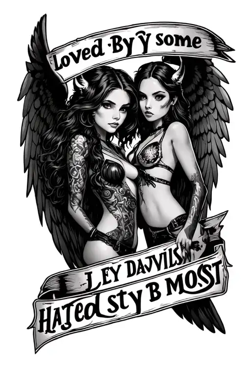 "Loved by some hated by most" Harley Davidson demon girl and angel girl tattoo design idea