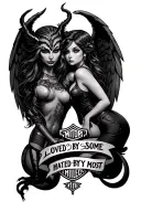 "Loved by some hated by most" Harley Davidson demon girl and angel girl tattoo design idea