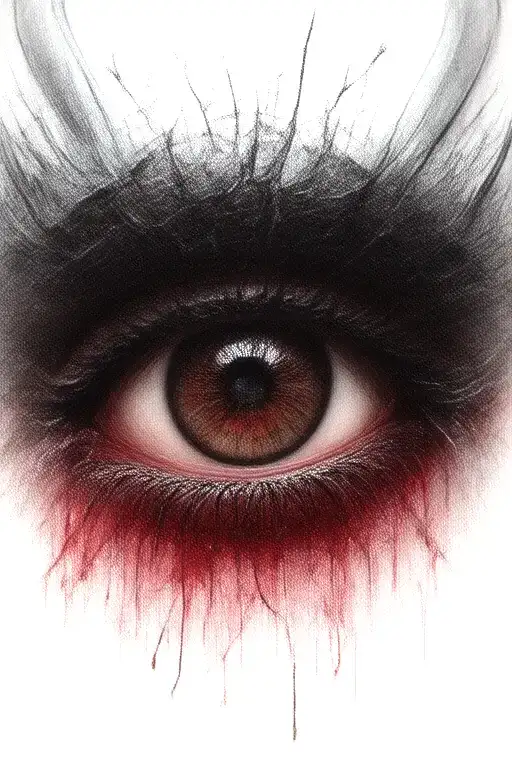 Satanic Realistic Eye, cracked and bleeding. dark black blood red. Bleeding Thorns black spider web and Silver Horns tattoo design idea