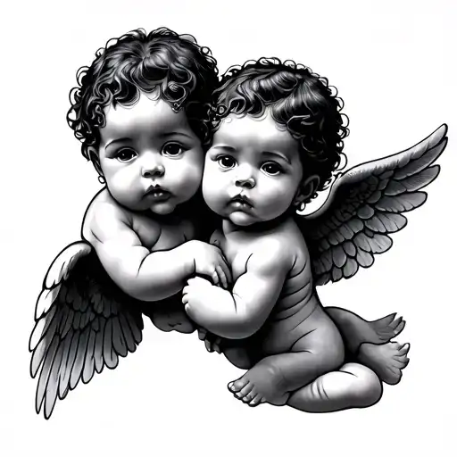 3 baby angels Chicano style tattoo for chest piece. 1 baby covers the mouth. 1 baby covering the ear. 1 baby covering th tattoo design idea