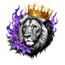 realistic lion, wearing a gold crown, surrounded by realistic flames and realistic purple lillies tattoo design idea