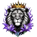 realistic lion, wearing a gold crown, surrounded by realistic flames and realistic purple lillies tattoo design idea