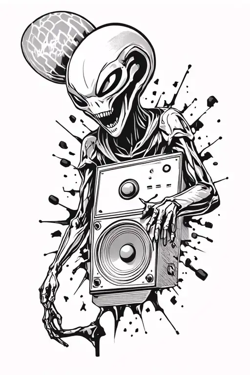 alien coming out (breaking out) of speaker. rave techno crazy tattoo. music makes me free tattoo design idea