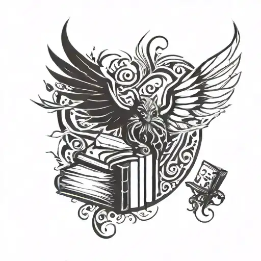 books and devil wing tattoo design idea