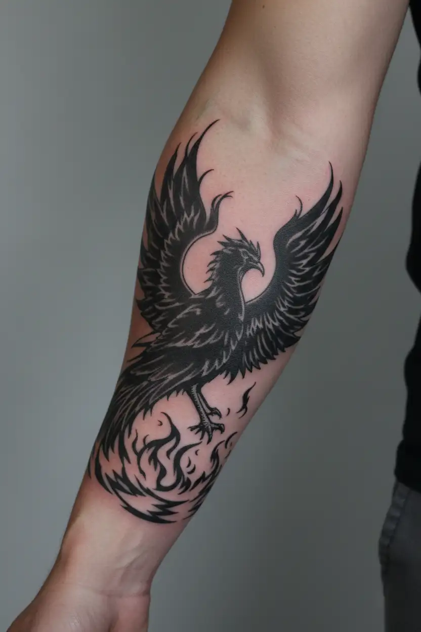 Stencil pheonix rising from the ashes symbolyzing transformation and never giving up tattoo design idea