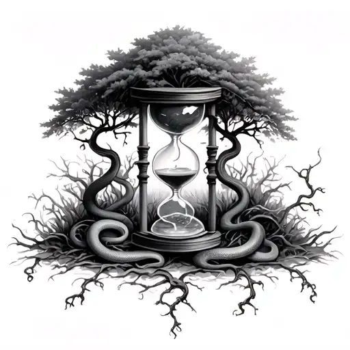 hour glass with trees inside. snakes wrapped around posts. life and death. vines and bones outside.  tattoo design idea