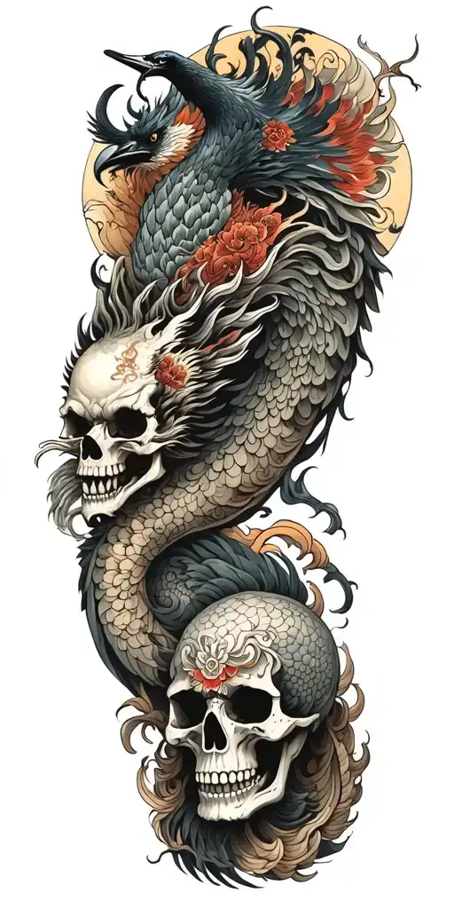 Chinese dragon and phoenix and skull and moon and raven tattoo design idea