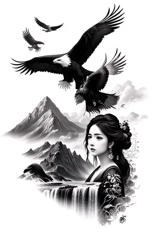japanese realistic tatto with woman portre mountain and waterfall and 4 eagles tattoo design idea