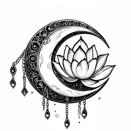 crescent moon with line art in it, chains and jewels hanging off and a lotus flower between the points of the moon tattoo design idea