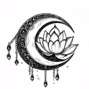 crescent moon with line art in it, chains and jewels hanging off and a lotus flower between the points of the moon tattoo design idea