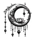 crescent moon with line art in it, chains and jewels hanging off and a lotus flower between the points of the moon tattoo design idea