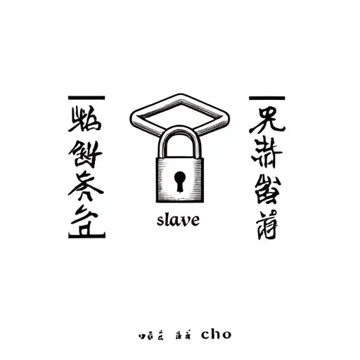 padlock symbol surrounded by the words slave 奴隶 chó tattoo design idea