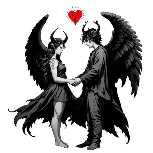 Girl holding hands with a tall boy with horns and a halo on the top of her head wings on her back and a broken heart in  tattoo design idea