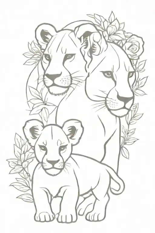 lioness 2 lion cubs flower tattoo design idea