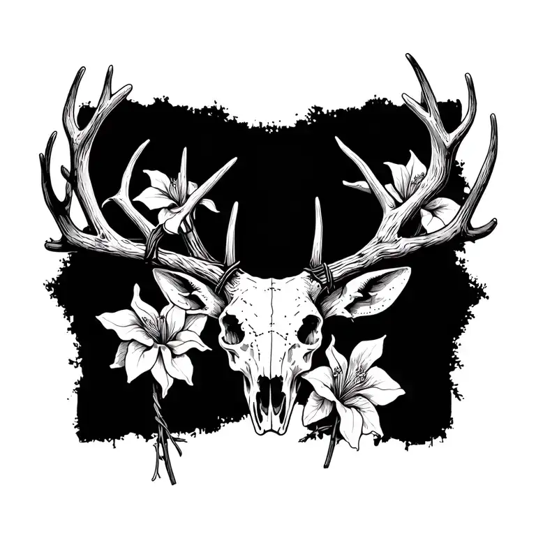 Deer skull with antlers with barbed wire and datura flowers in the antlers tattoo design idea