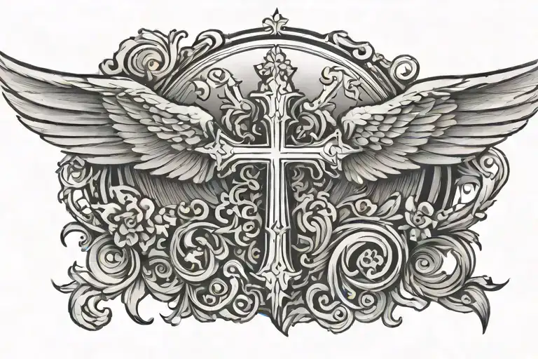 cross and wings spread tattoo design idea