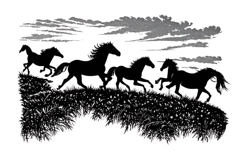 silhouette Horses running on a hill in the distance far away tattoo design idea