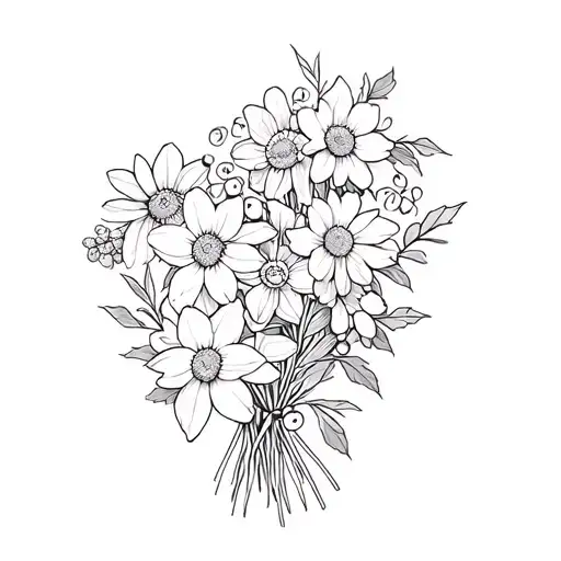 Bouquet of daffodils, daisies , asters, and holly berry tattoo design idea
