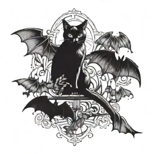 black cat sitting behind 5 bats flying away tattoo design idea