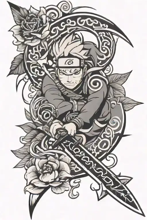 Naruto symbols , Japanese style , Japanese blossoms , flowers and petals , kunai ninja knife, smoke , spiral  tattoo design idea