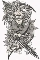 Naruto symbols , Japanese style , Japanese blossoms , flowers and petals , kunai ninja knife, smoke , spiral  tattoo design idea