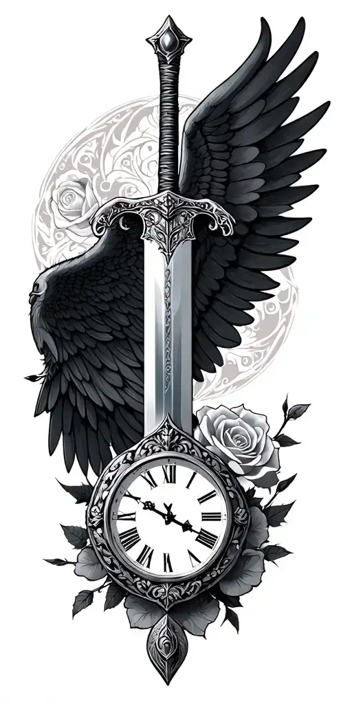 wings spread rose knight sword love clock  tattoo design idea