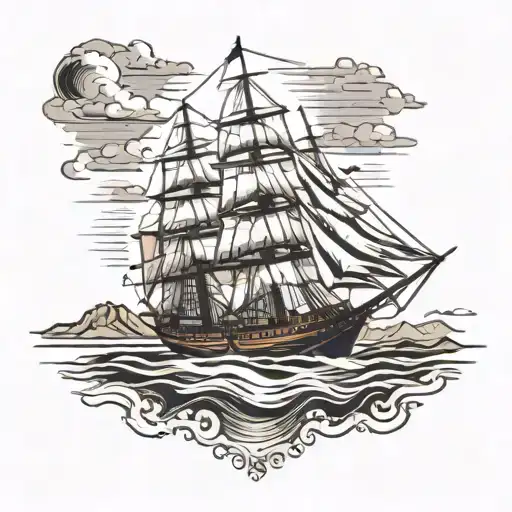 majestic sailing ship moored at a deserted island beach. landscape scene.  tattoo design idea