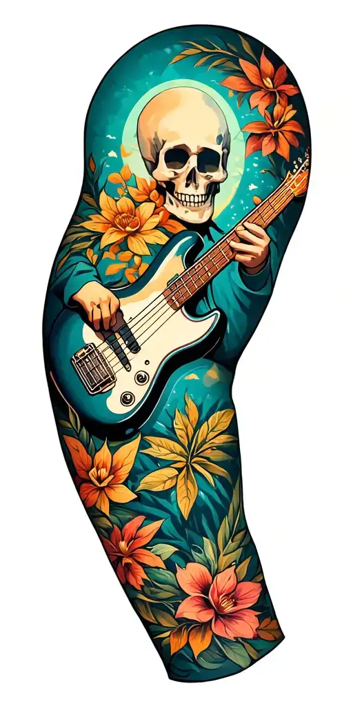 music and travel arm sleeve tattoo design idea