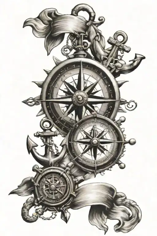 compass,anchor and family holding hands tattoo design idea