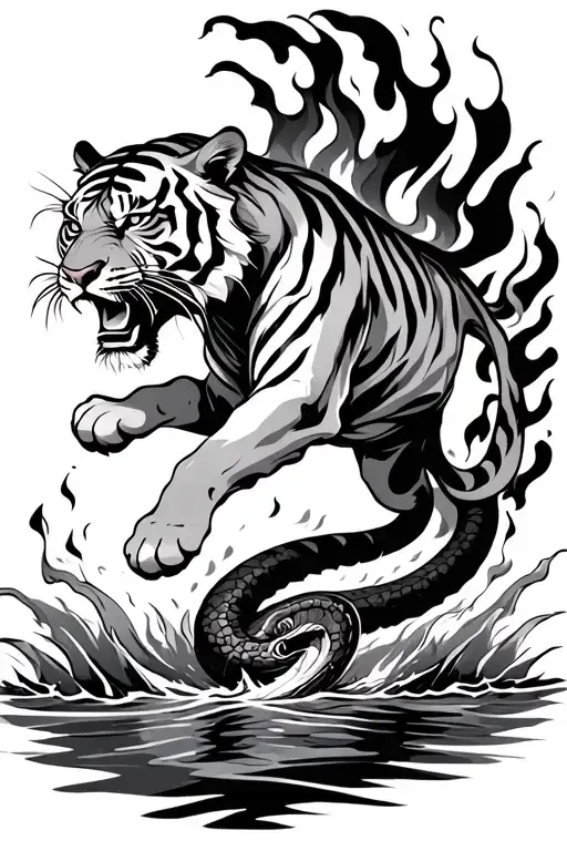 A tiger in a leap, flames of fire behind him. He fights against a serpent that comes out of the water (the serpent itsel tattoo design idea