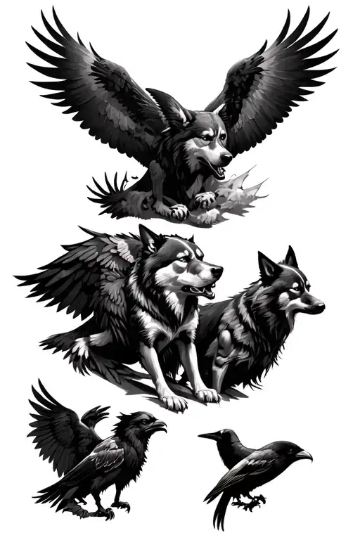 top:Ares next to his dog and vultures, middle:Mars next to his wolve and woodpecker,under: Odin next  tovalkyries+ravens tattoo design idea