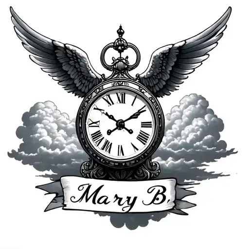 clock 10:20 with wings flying into heaven clouds with Mary B in cursive below tattoo design idea