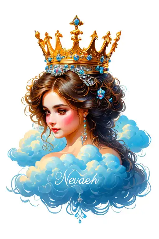 Clouds, Princess Crown, Nevaeh written near crown tattoo design idea