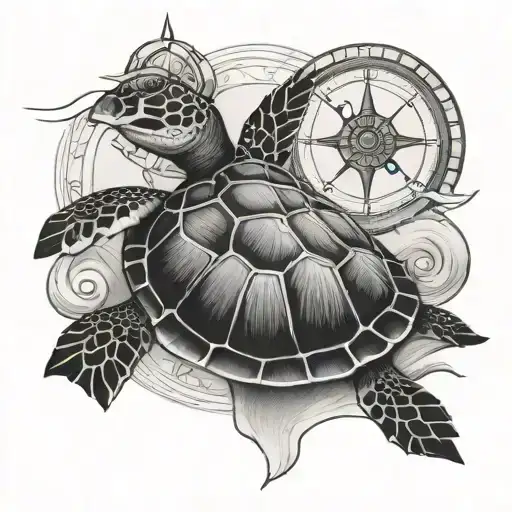 sea turtle and compass tattoo design idea