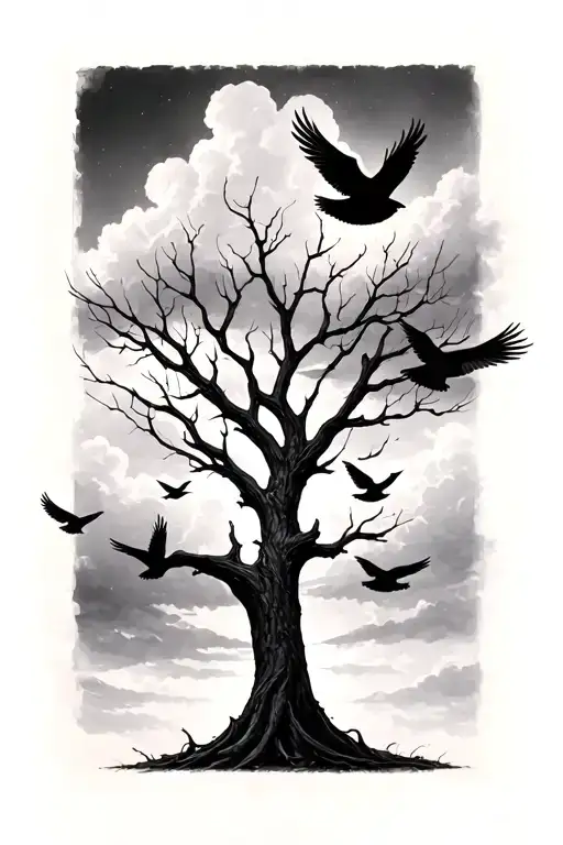 bare tree with 4 doves flying in front of it and clouds in the background tattoo design idea