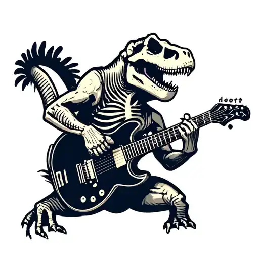 Tyrannosaurus rex skeleton playing guitar tattoo design idea
