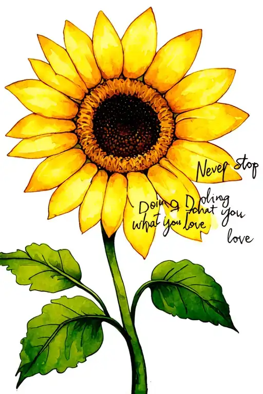 "Never stop doing what you love" "Never stop doing what you love" in cursive as the stem of a yellow  sunflower tattoo design idea