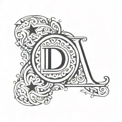d letter monogram style tattoo featuring iconic symbols and stars tattoo design idea