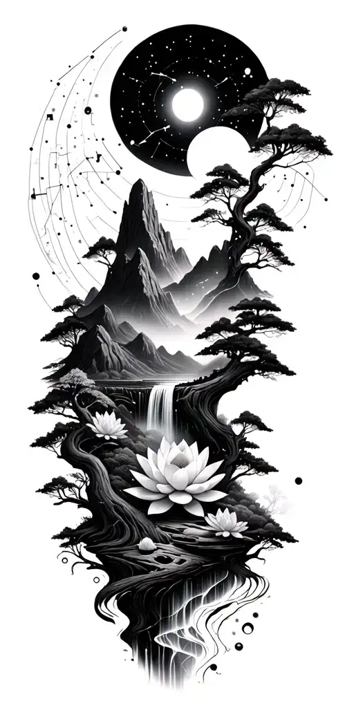 flowing collage of space constellation, Buddhist mountain, trees, waterfall, lotus, wood mechanical gears tattoo design idea