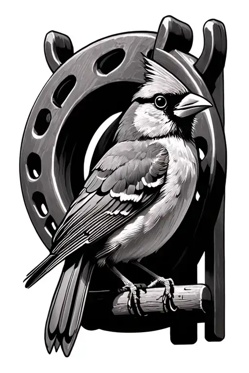 A cardinal bird perched on a horseshoe rack with a horseshoe on it tattoo design idea