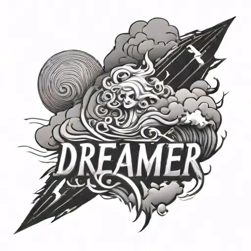 "dreamer" writting with cloud and thunder cloud tattoo design idea
