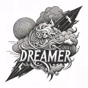 "dreamer" writting with cloud and thunder cloud tattoo design idea