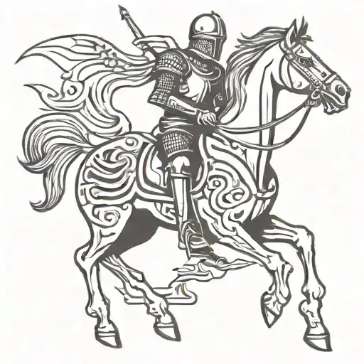 German gothic medieval knight on a horse, fighting a skeleton tattoo design idea