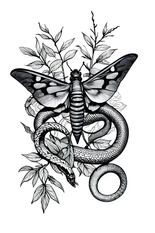 moth and plants and snake wrapped tattoo design idea