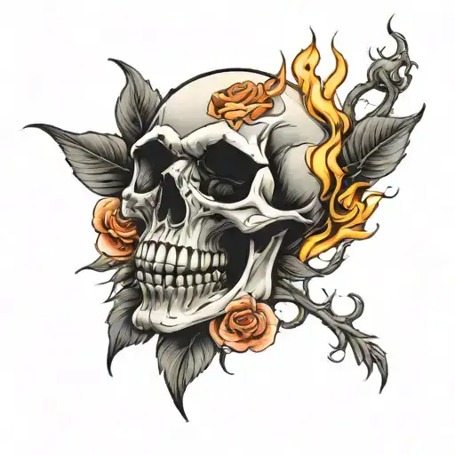 skull on fire roses  tattoo design idea
