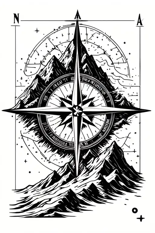 mountains, compass, snowflake, topographical map tattoo design idea